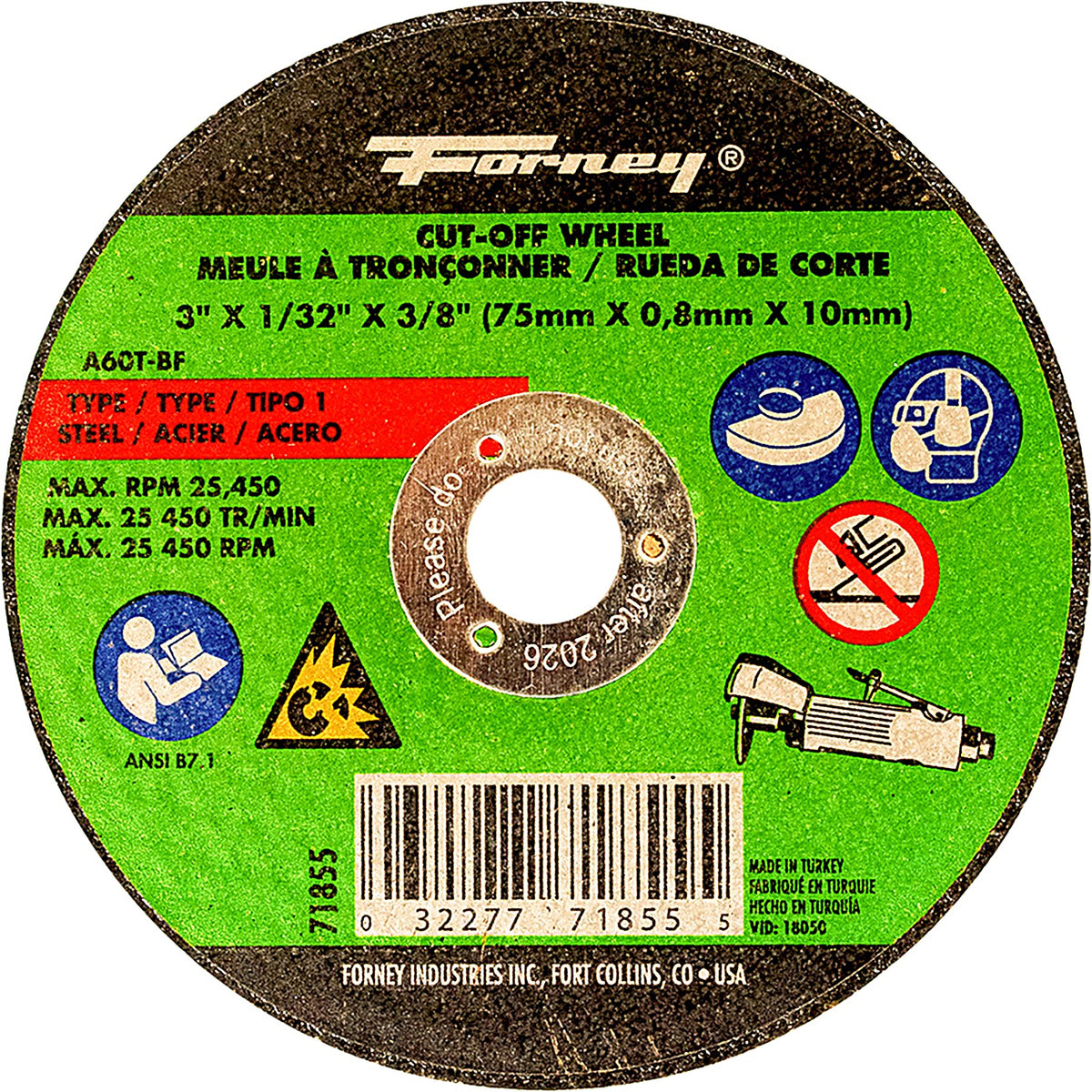 Forney - 71855 - Cut-Off Wheel, Metal, type 1, 3 Inch X 1/32 in X 3/8
