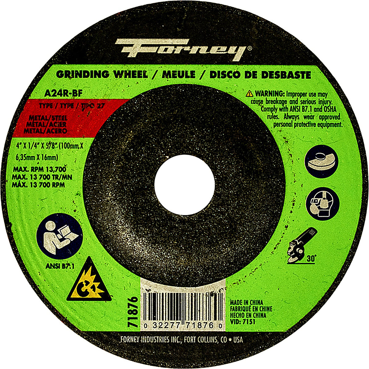 Forney - 71876 - Grinding Wheel, Metal, Type 27, 4 Inch X 1/4 Inch X 5/8 Inch