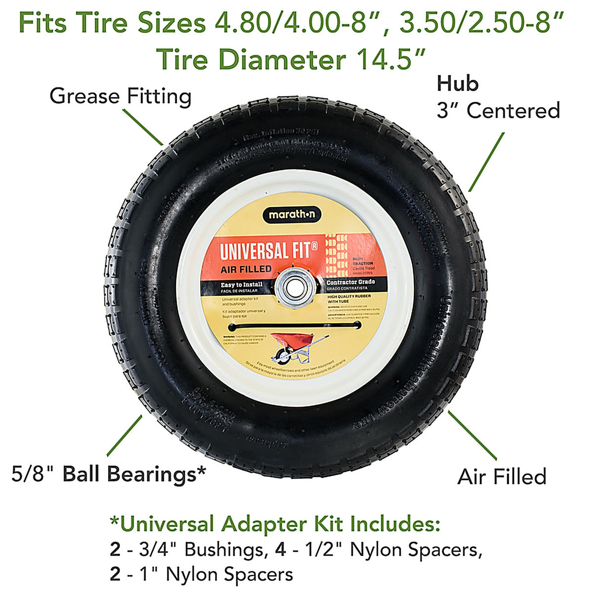 Marathon 20265 Universal Fit 8 in. Dia. x 14.5 in. Dia. 300 lb. capacity Centered Wheelbarrow Tire Rubber