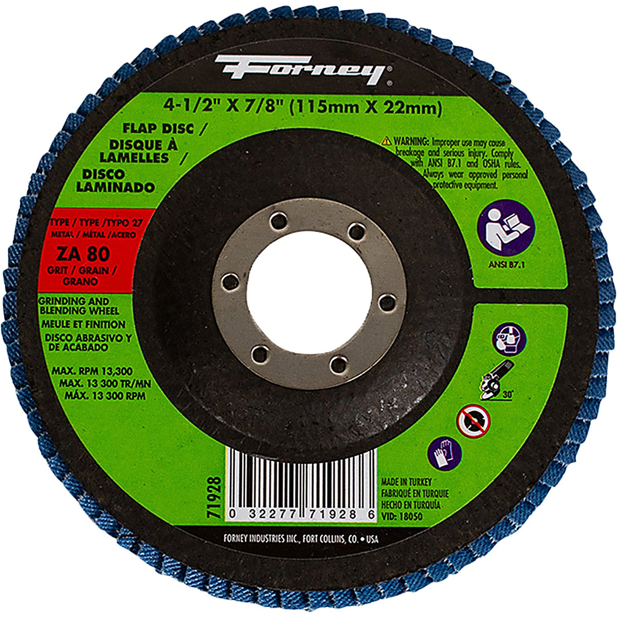 Forney - 71928 - Flap Disc, Type 27, 4-1/2 in X 7/8 in, Za81