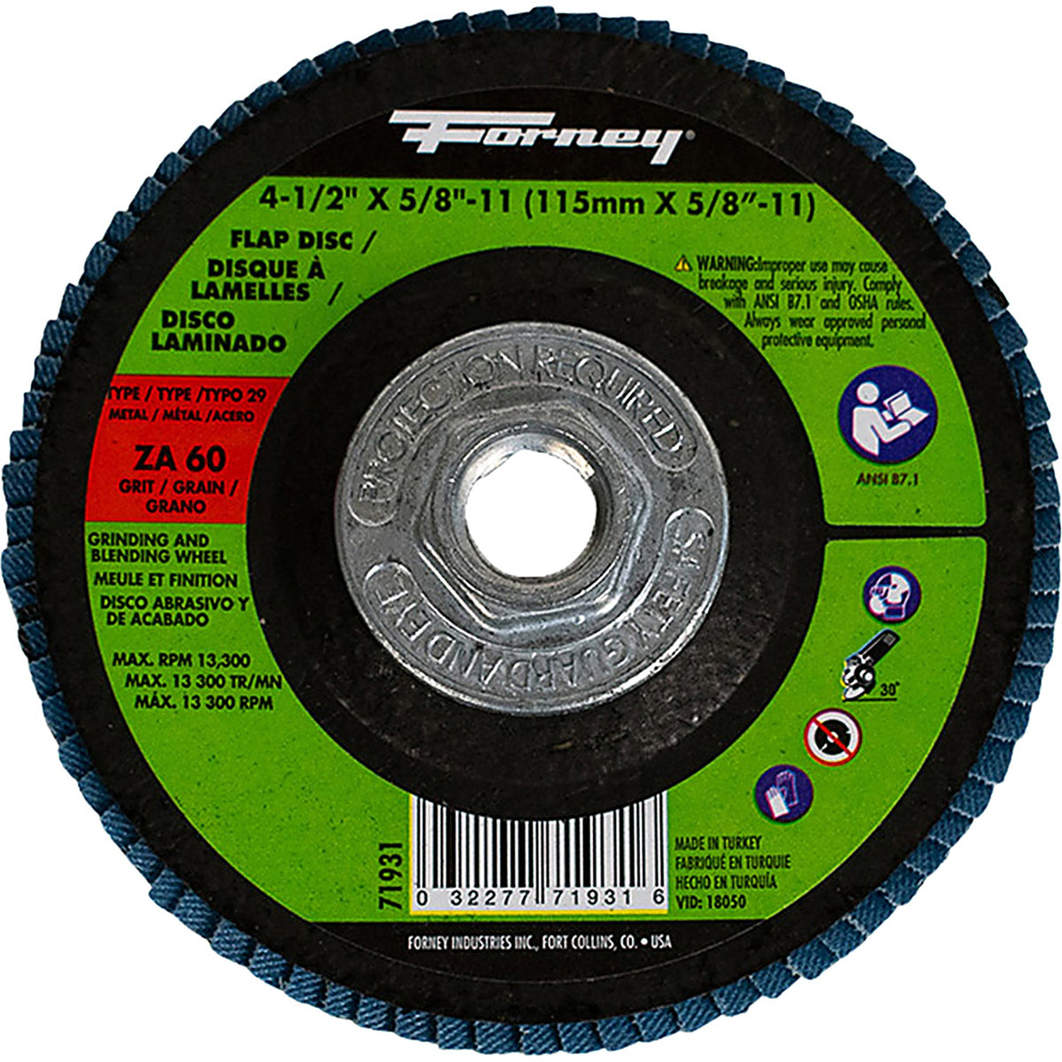 Forney - 71931 - Flap Disc, Type 29, 4-1/2 in X 5/8 in-11, Za60