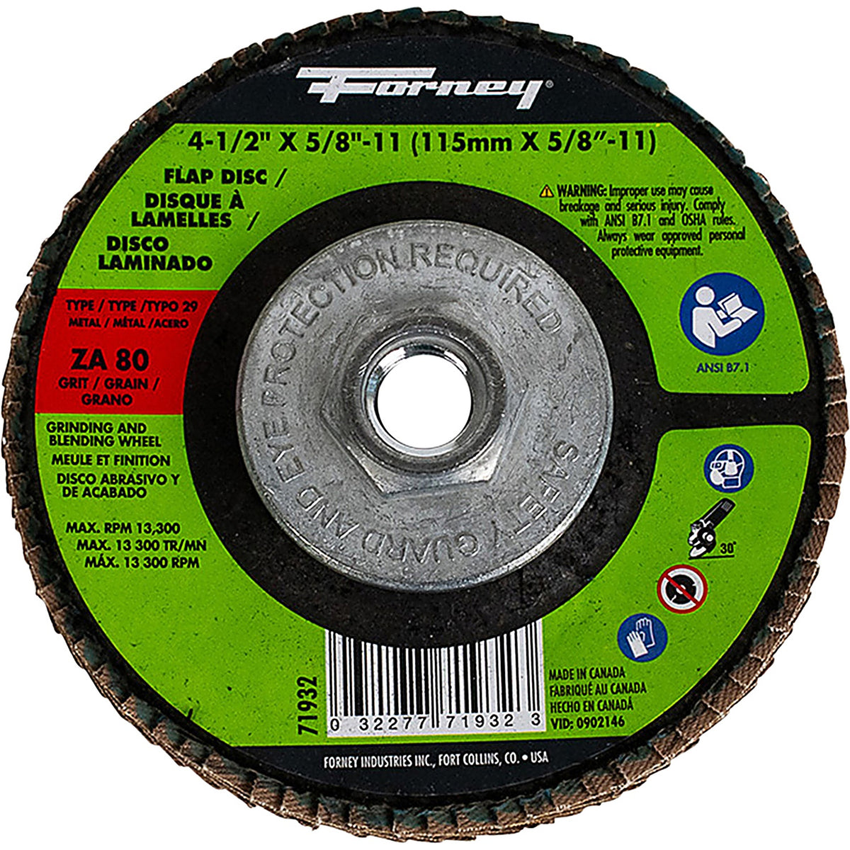 Forney - 71932 - Flap Disc, Type 29, 4-1/2 in X 5/8 in-11, Za80