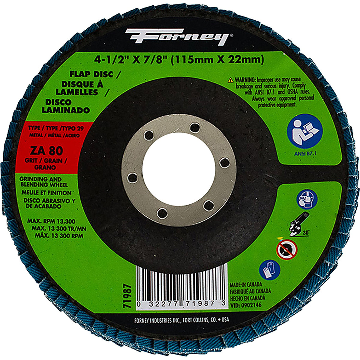 Forney - 71987 - Flap Disc, Type 29, 4-1/2 in X 7/8 in, Za80