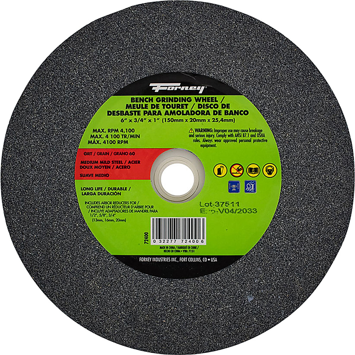Forney - 72400 - Bench Grinding Wheel, 6 in X 3/4 in X 1 in