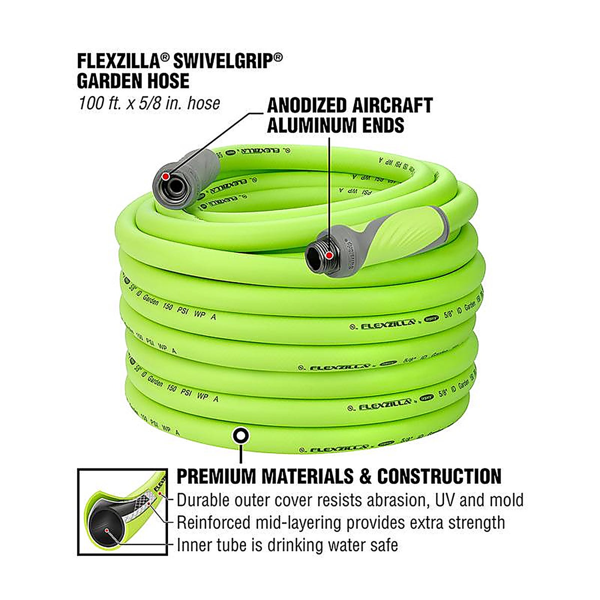 Legacy HFZG5100YWS Flexzilla SwivelGrip 5/8 in. Dia. x 100 ft. L Zilla Green Hybrid Polymer Garden Hose