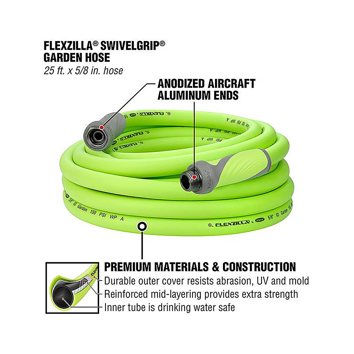 Flexzilla HFZG525YWS SwivelGrip 5/8 in. Dia. x 25 ft. L Zilla Green Hybrid Polymer Garden Hose