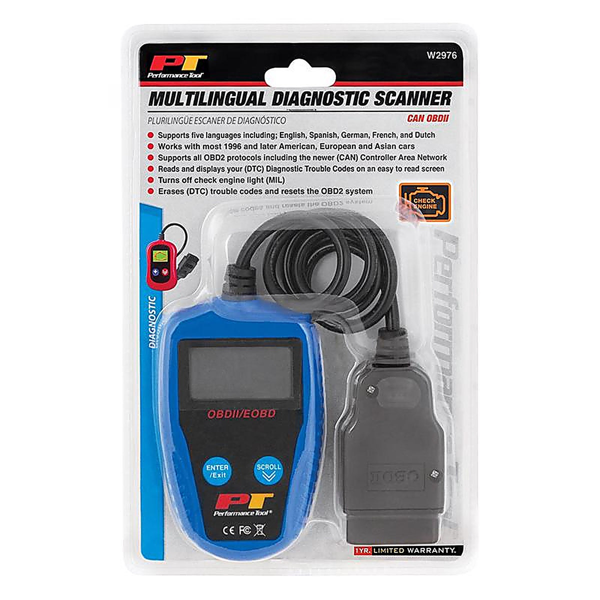 Performance Tool - W2976 - Obdii 1 Piece Multi-Lingual Automotive Diagnostic Scanner