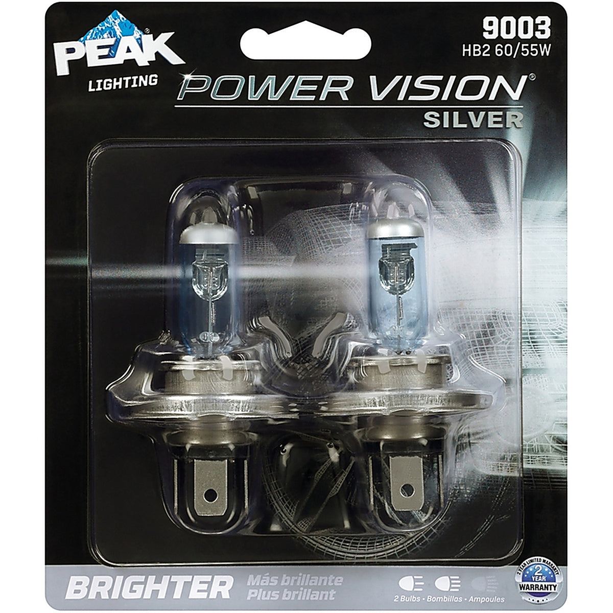 Peak 9003PVS-2BPP Power Vision Silver Halogen High/Low Beam Automotive Bulb 9003 HB2 60/55W