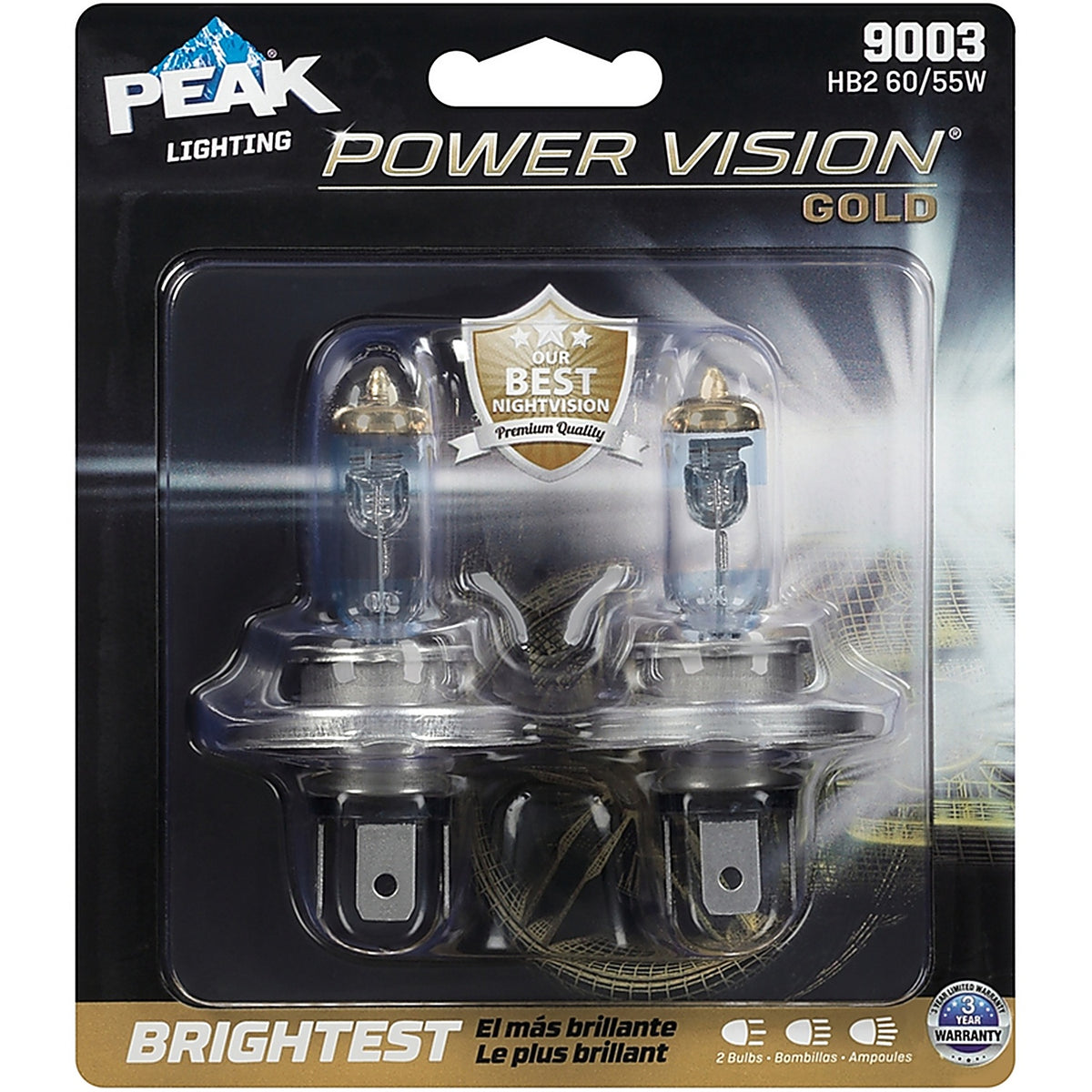 Peak 9003PVG-2BPP Power Vision Gold Halogen High/Low Beam Automotive Bulb 9003 HB2 60/55W