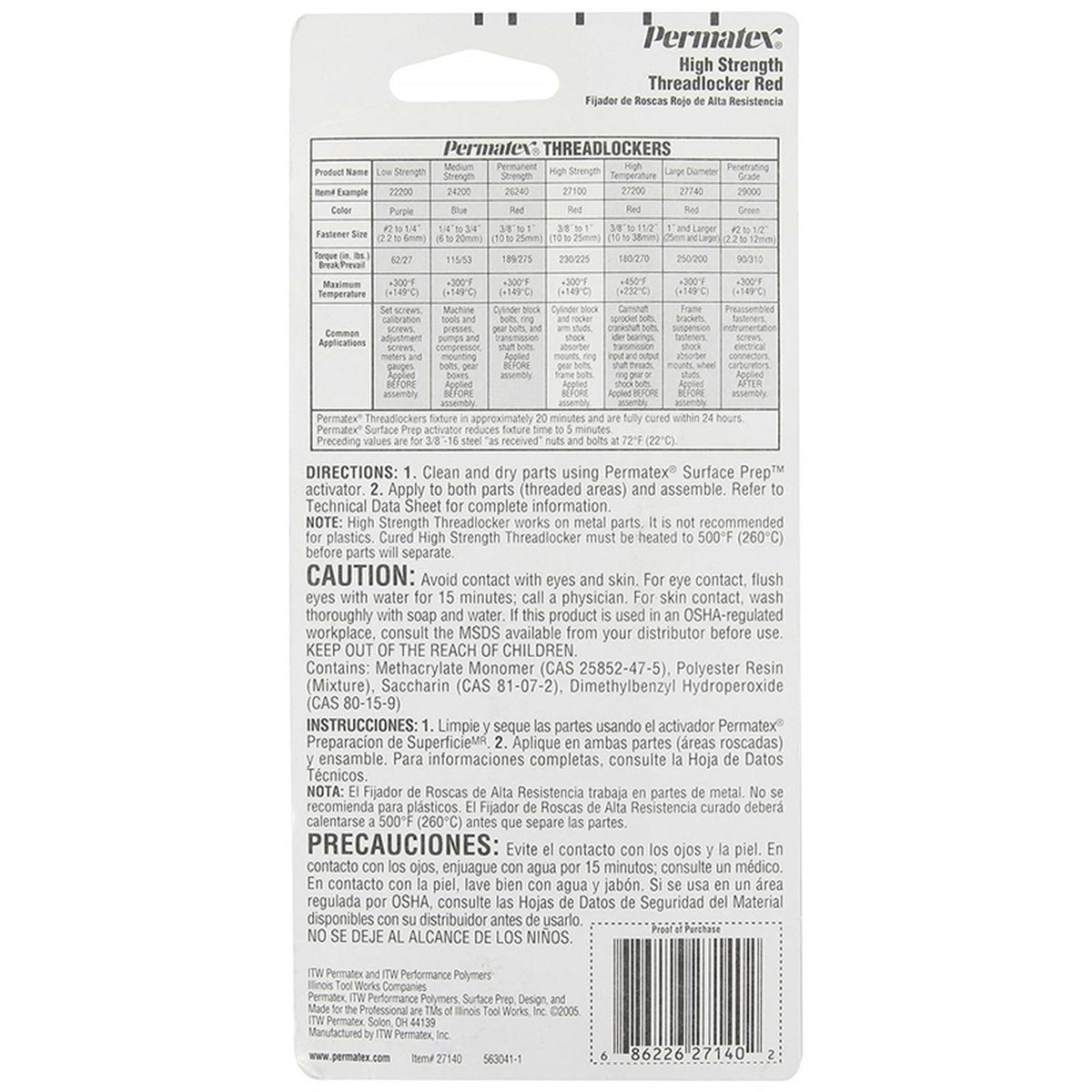 Permatex 27140 Threadlocker High Strength Automotive Adhesive Liquid 1.22 oz.