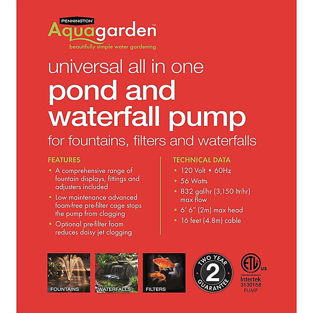 Pennington - 100532494 - Aquagarden 0.075 HP 832 GPH 120 V Pond Pump Kit