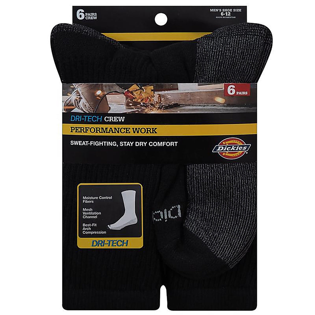 Dickies - I11750-BLACK - Dri-Tech Mens 6-12 Crew Socks Black