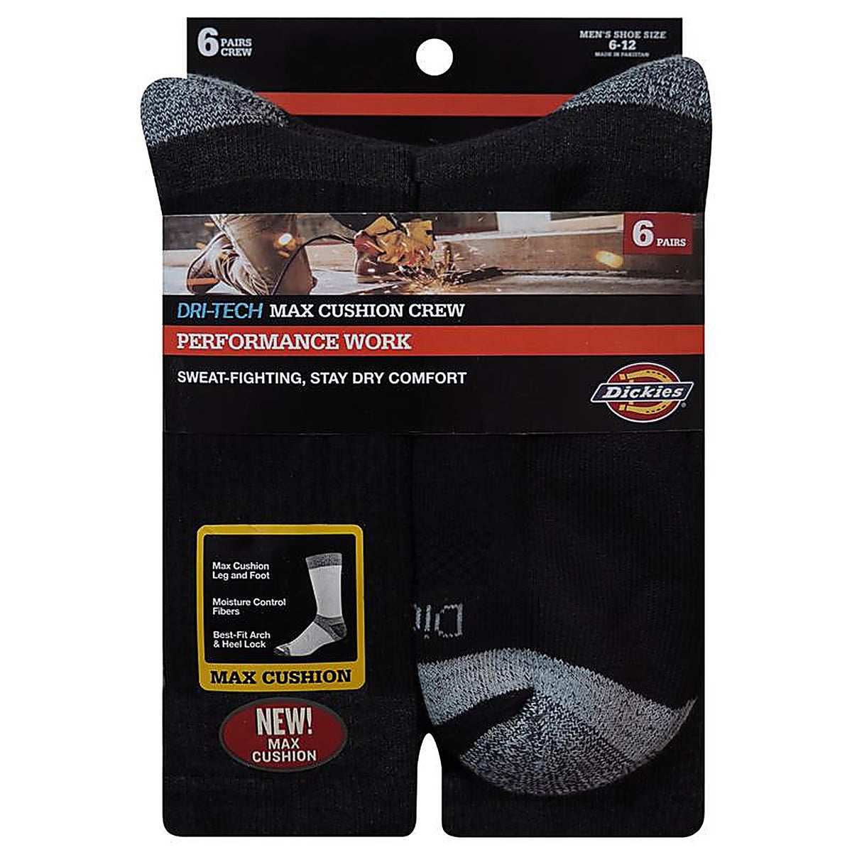 Dickies - I611010-BLACK - Mens Dri-Tech 6-12 Cushion Crew Socks Black