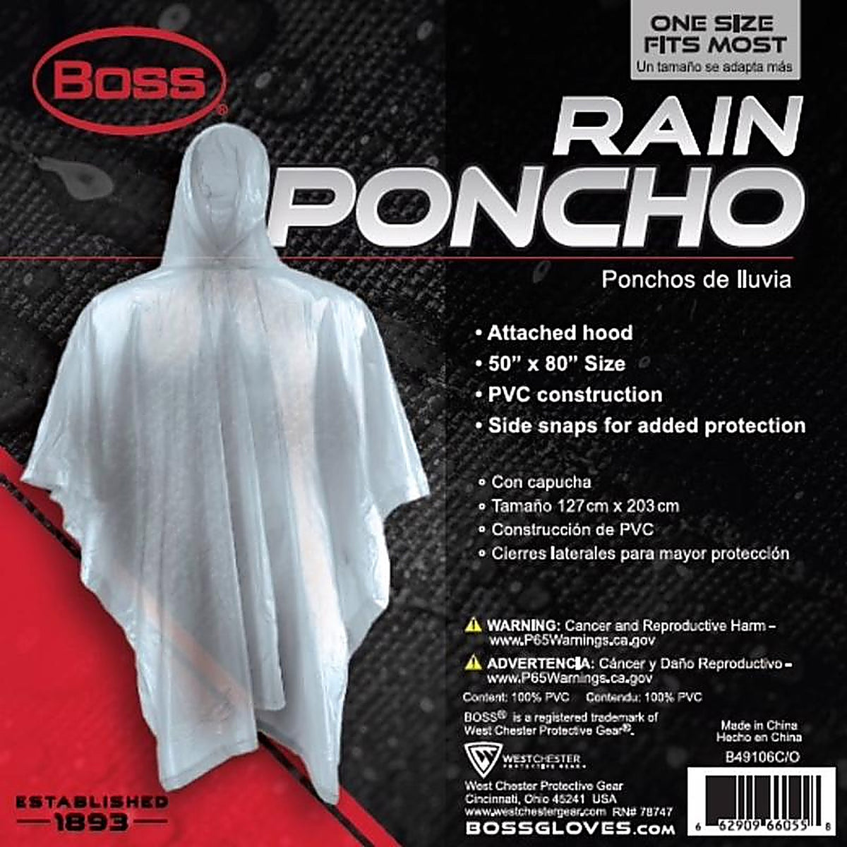 Boss - B49106C/O - Clear PVC Rain Poncho One Size Fits All