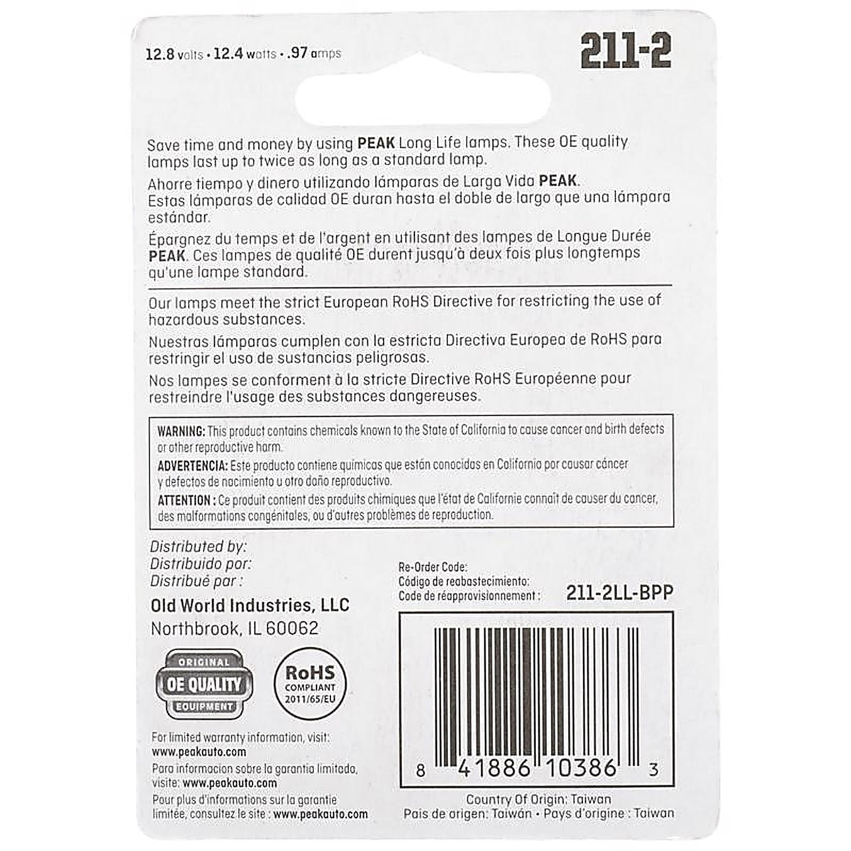 Peak - 211-2LL-BPP - Long Life Halogen Forward Lighting Miniature Automotive Bulb 211-2