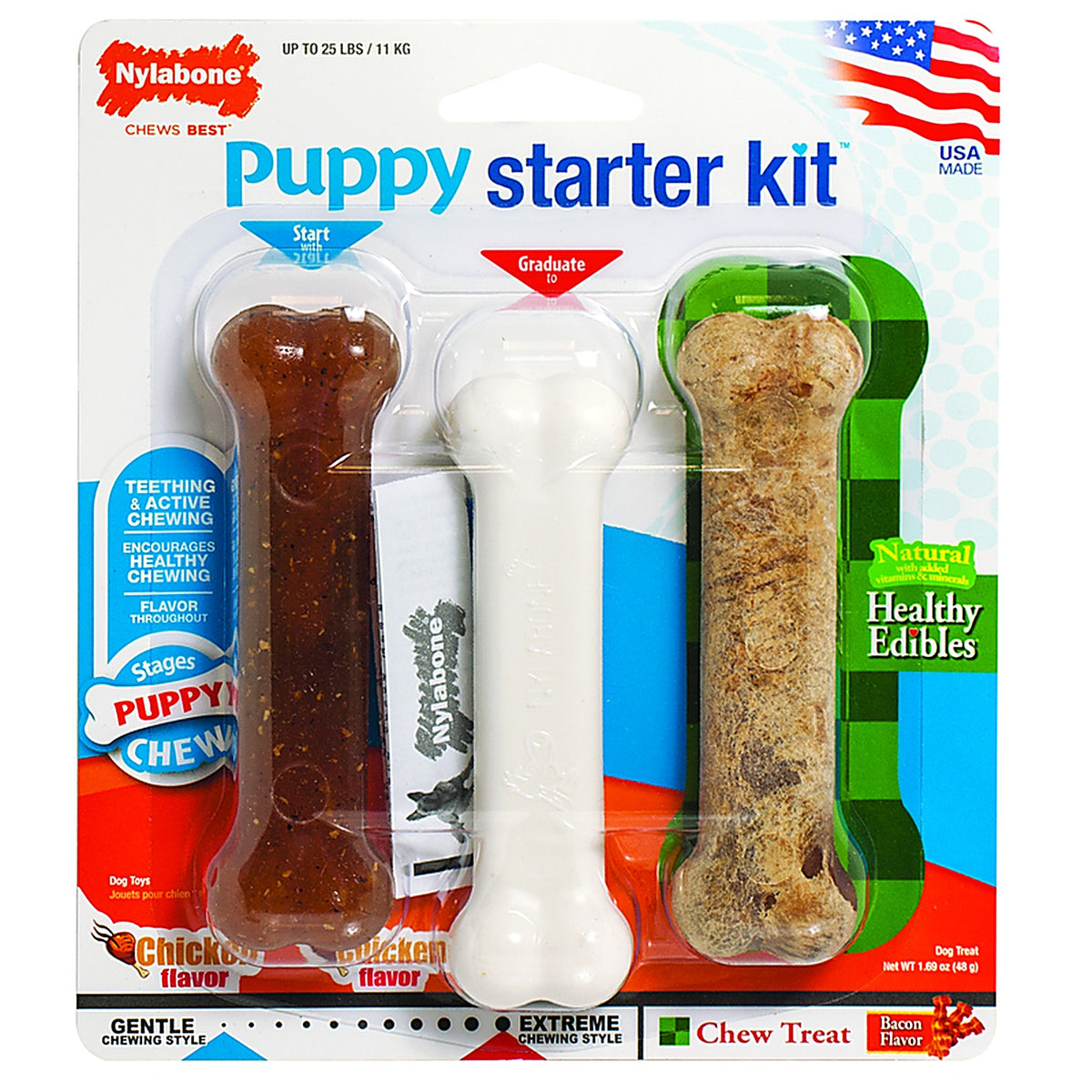 Nylabone - N201PSKPXR - Starter Kit Assorted Plastic Bones Chew Dog Toy 1.89 3 Pack