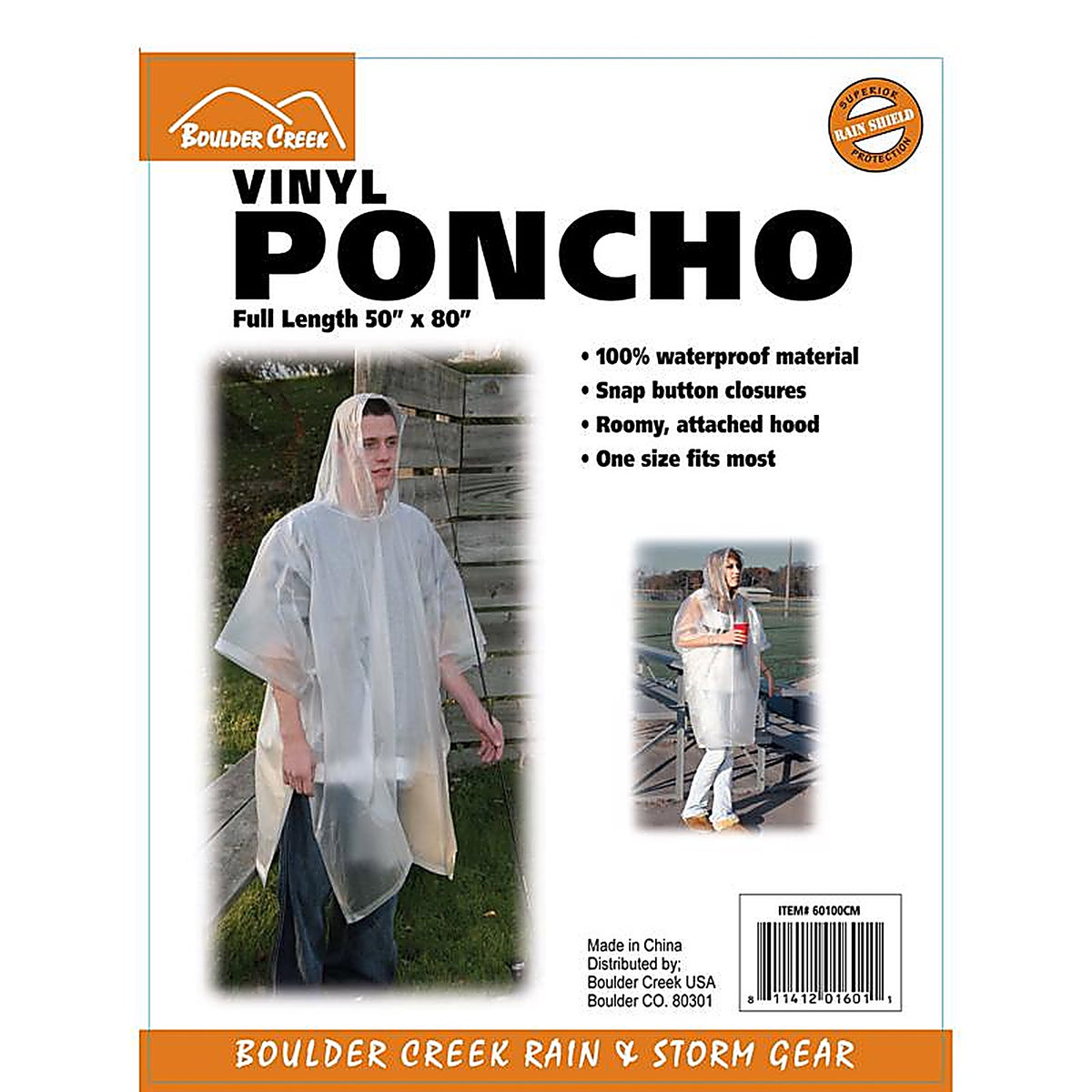 Boulder Creek 60100CM Clear Vinyl Rain Poncho