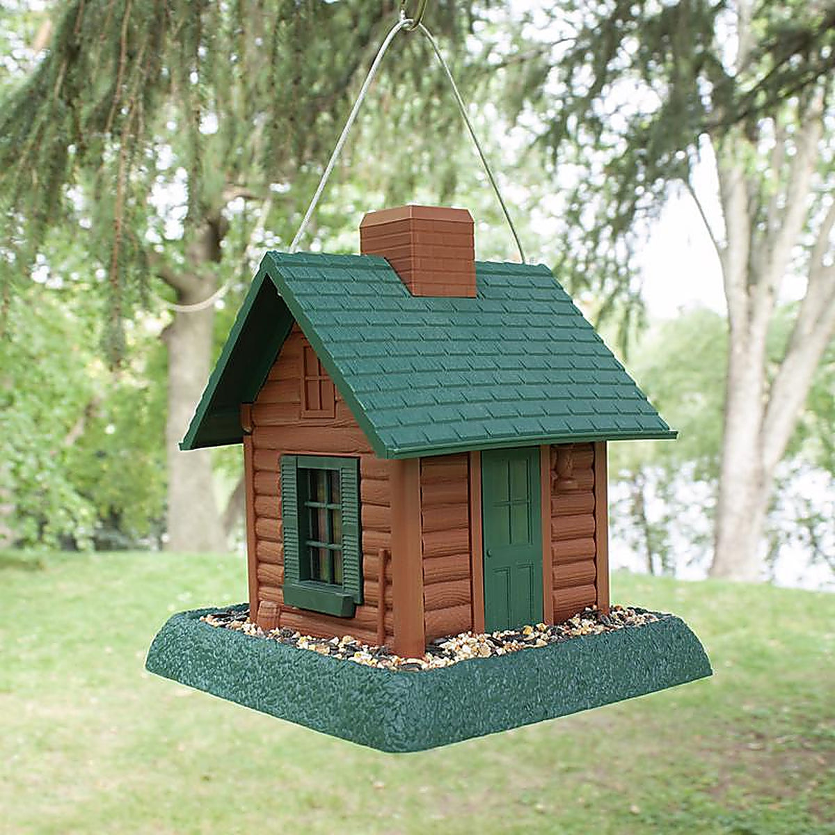 North States 9083W Log Cabin Wild Bird 1 lb. Plastic Hopper Bird Feeder 4 ports