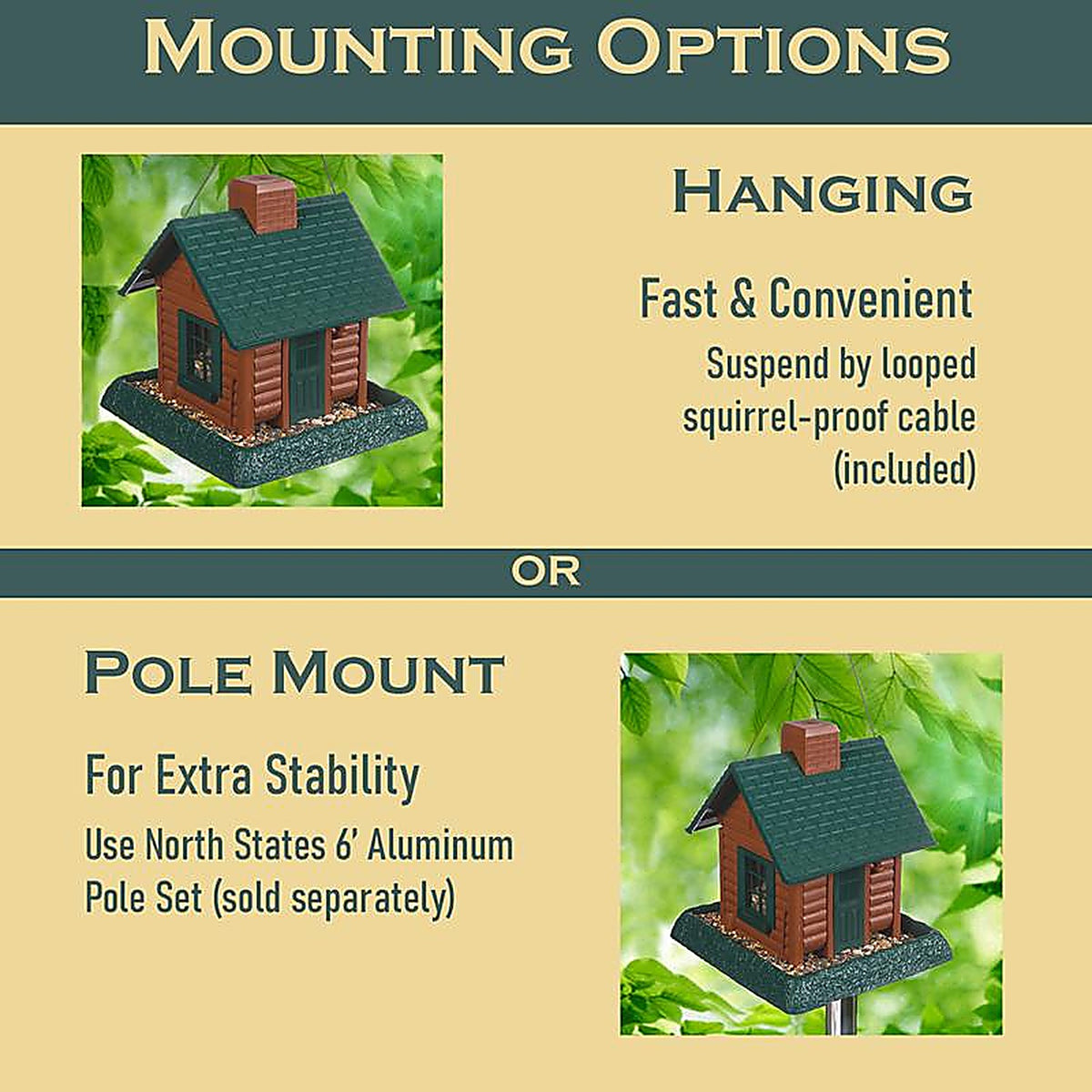 North States 9083W Log Cabin Wild Bird 1 lb. Plastic Hopper Bird Feeder 4 ports