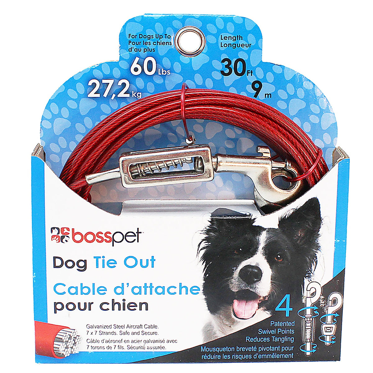 Boss Pet Q3530SPG99 Red Tie-Out with Spring Vinyl Coated Cable Dog Tie Out Large
