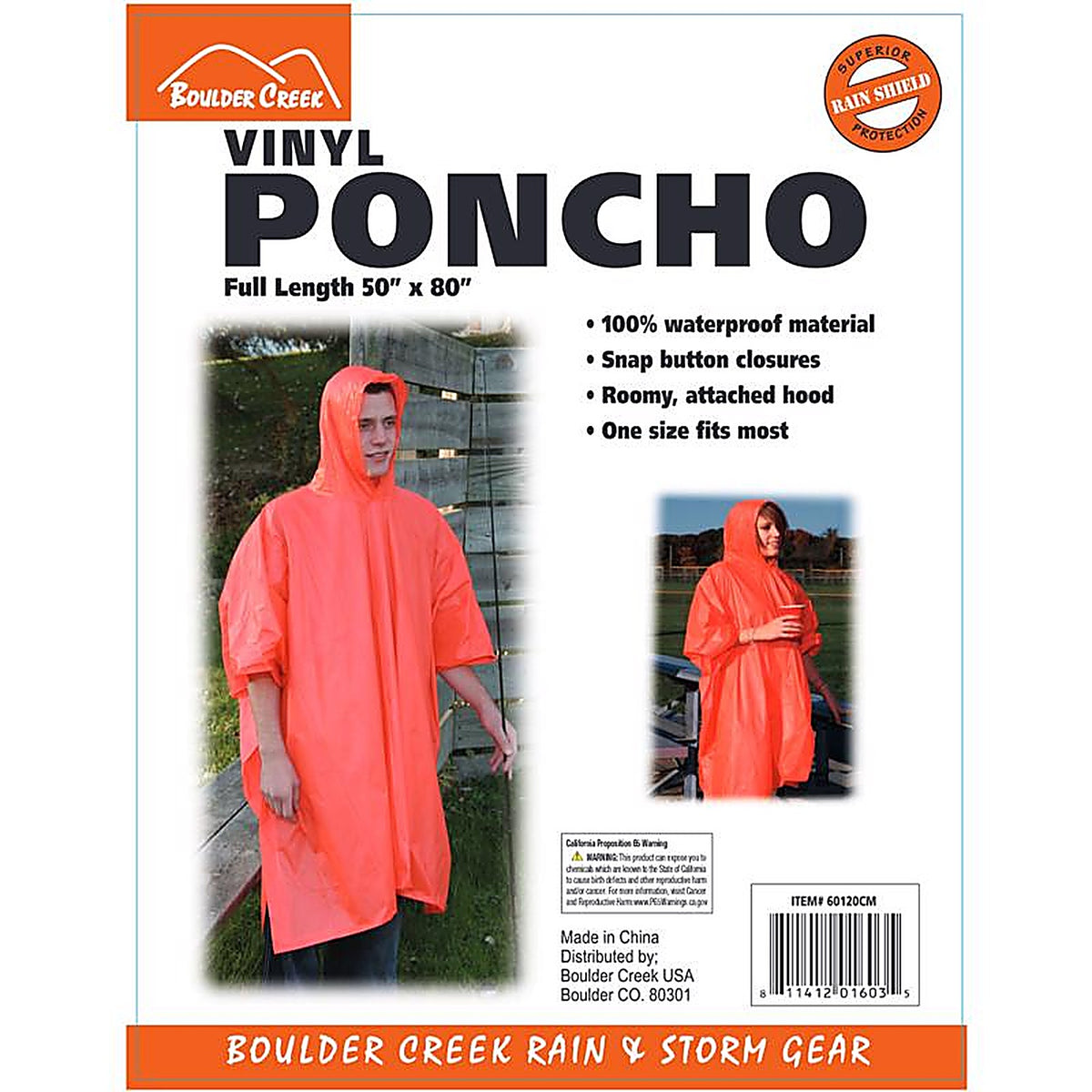 Boulder Creek 60120CM Orange Vinyl Rain Poncho