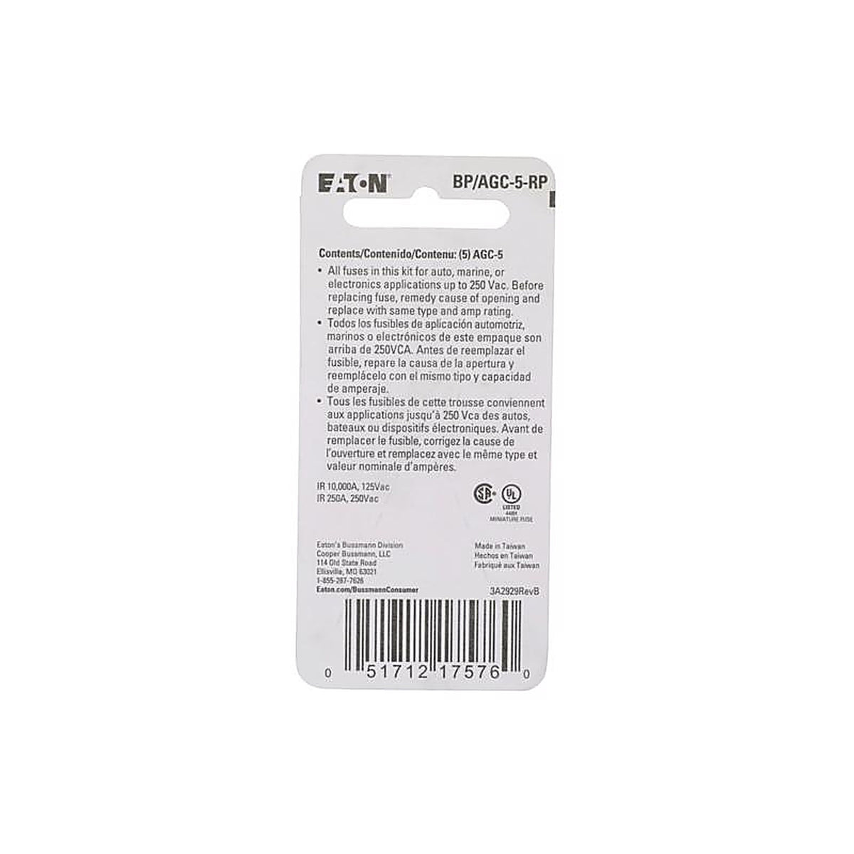 Bussmann BP/AGC-5-RP 5 amps AGC Glass Tube Fuse 5/Pack