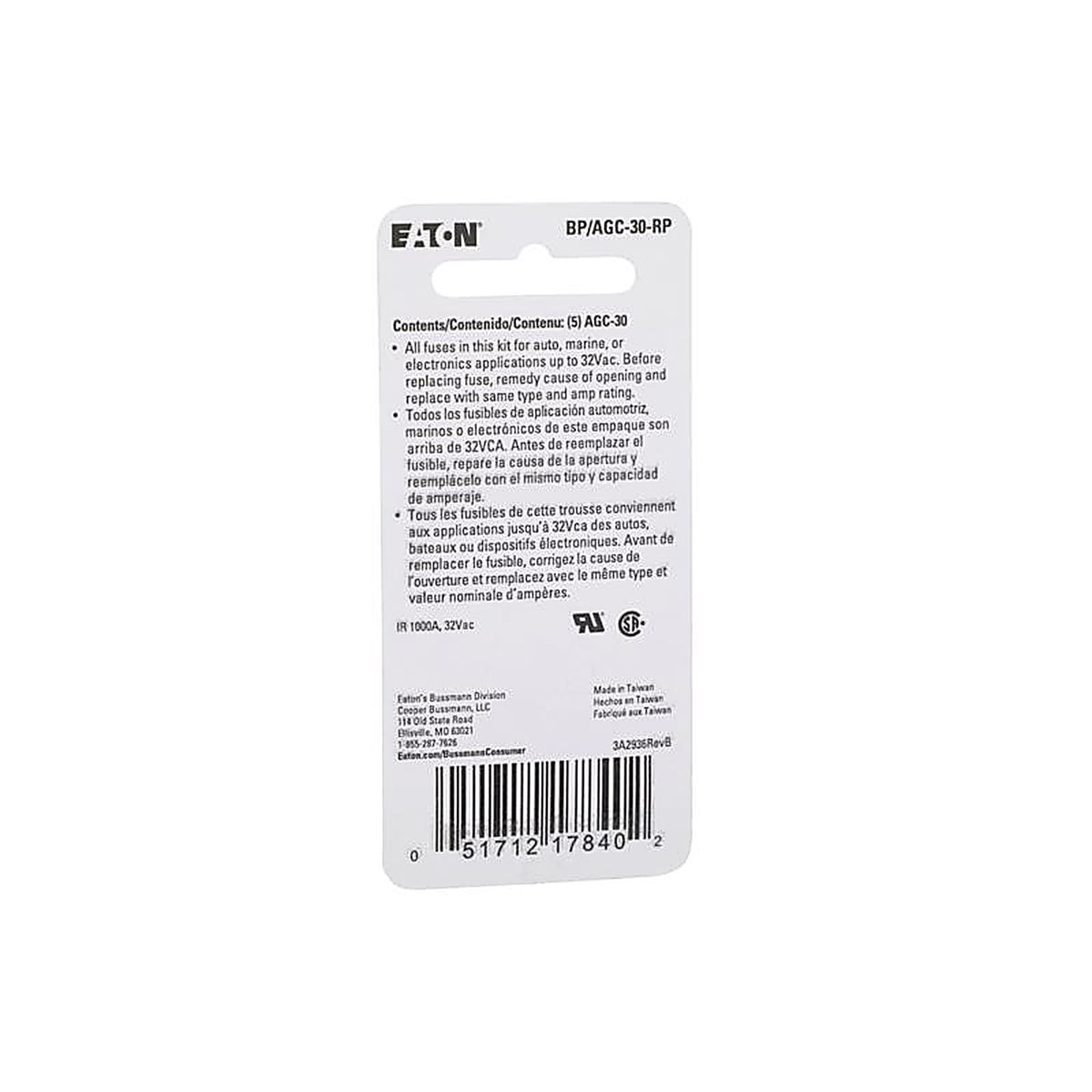 Bussmann BP/AGC-30-RP 30 amps AGC Glass Tube Fuse 5/Pack