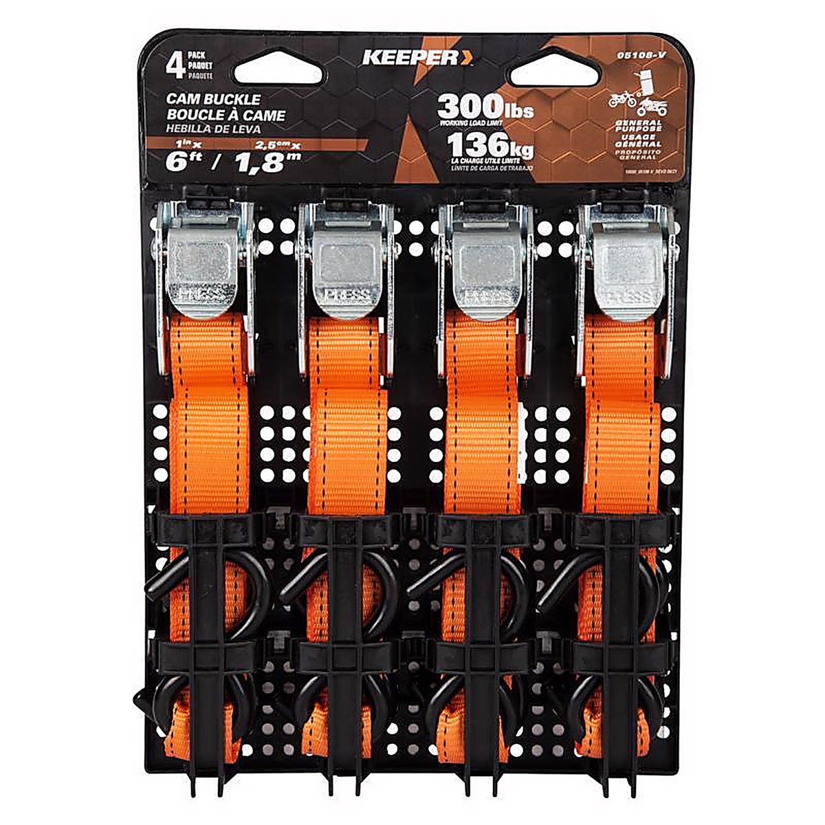 Keeper 05108-V 1 in. W x 6 ft. L Orange Tie Down Strap 300 lb. 4/Pack