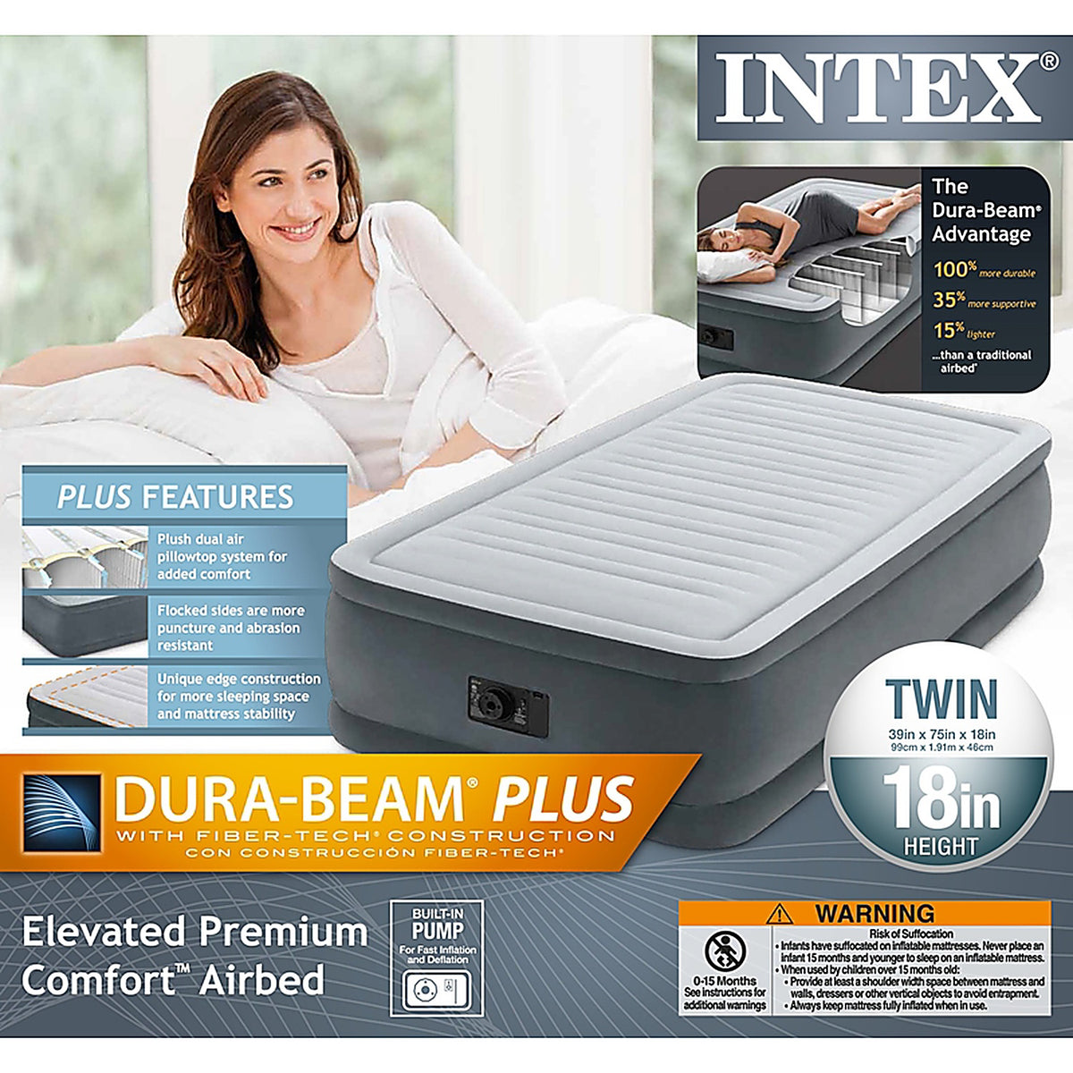 Intex 64411ED Elevated Air Mattress Twin Pump Included