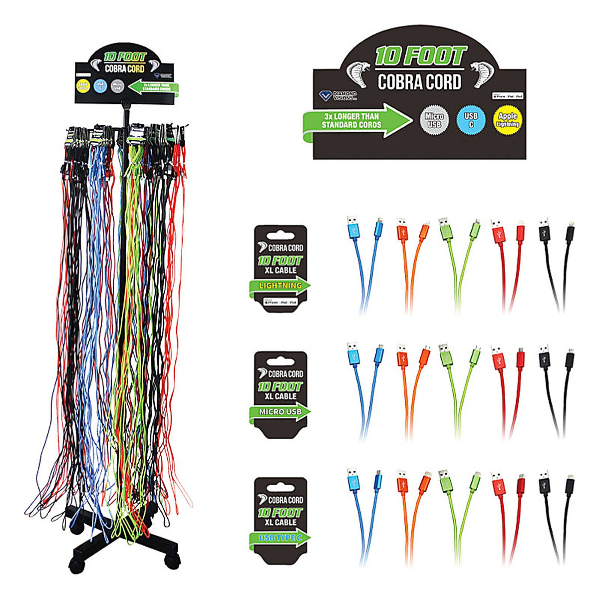 Diamond Visions 01-2372 Cobra Cord Charging Cord 10 Assorted