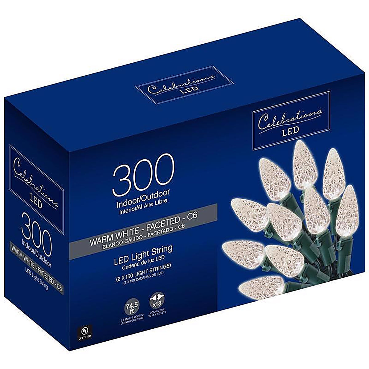 Celebrations 47985-71 LED C6 Clear/Warm White 300 count String Christmas Lights 74.5 ft.