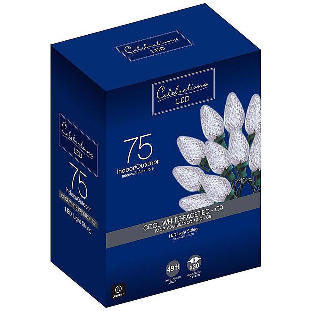 Celebrations 47772-71 LED C9 Cool White 75 count String Christmas Lights 49 ft.