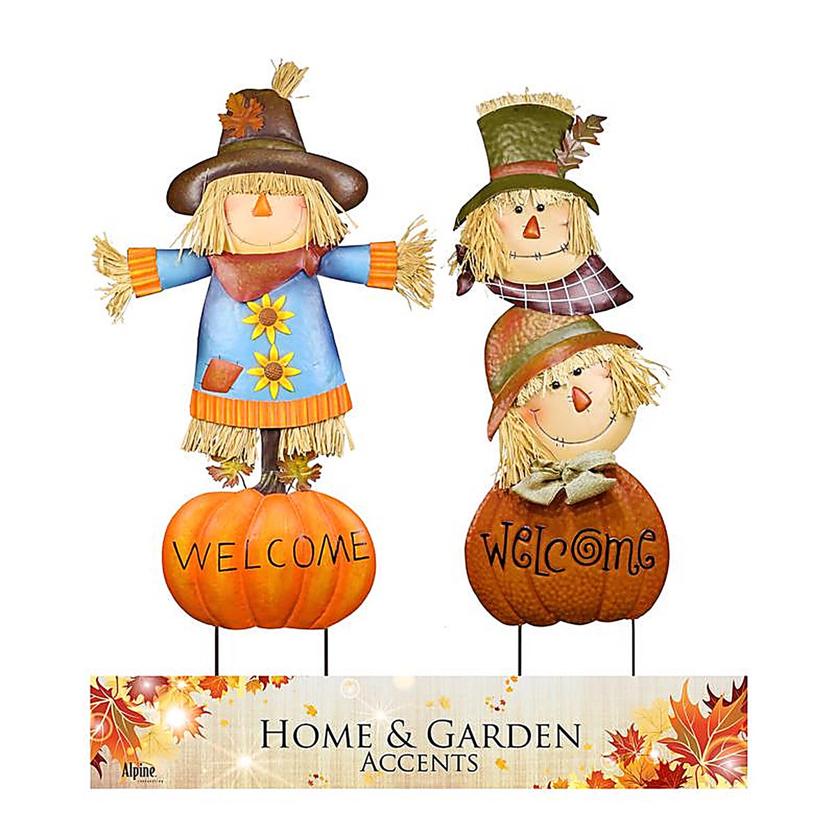 Alpine LCE205A Multicolored Metal 23.3 in. H Welcome Pumpkin and Scarecrow Outdoor Garden Stake