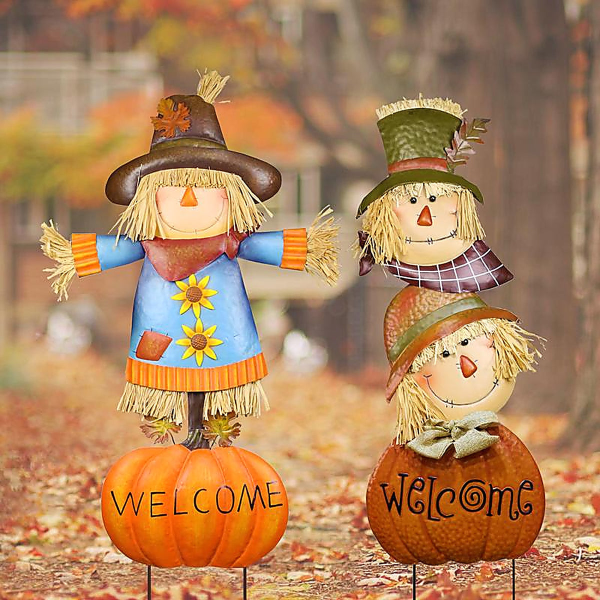 Alpine LCE205A Multicolored Metal 23.3 in. H Welcome Pumpkin and Scarecrow Outdoor Garden Stake