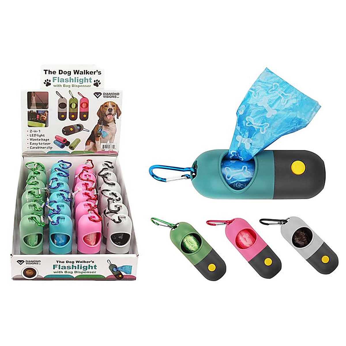 Diamond Visions - 08-3730 - the Dog Walkers Assorted LED Flashlight with Bag Dispenser Lr44 Battery
