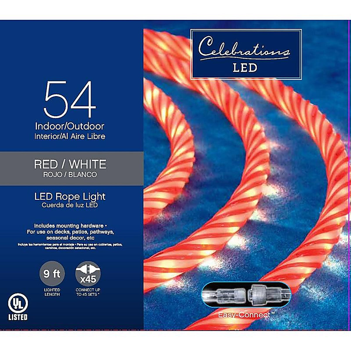 Celebrations - 2T424N17 - LED Red/White 54 CT Rope Christmas Lights 9 Ft.