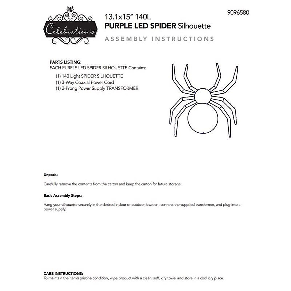 Celebrations - 24MSPLA - Purple 140 CT 16 In. LED Prelit Illuminated Spider Halloween Decor