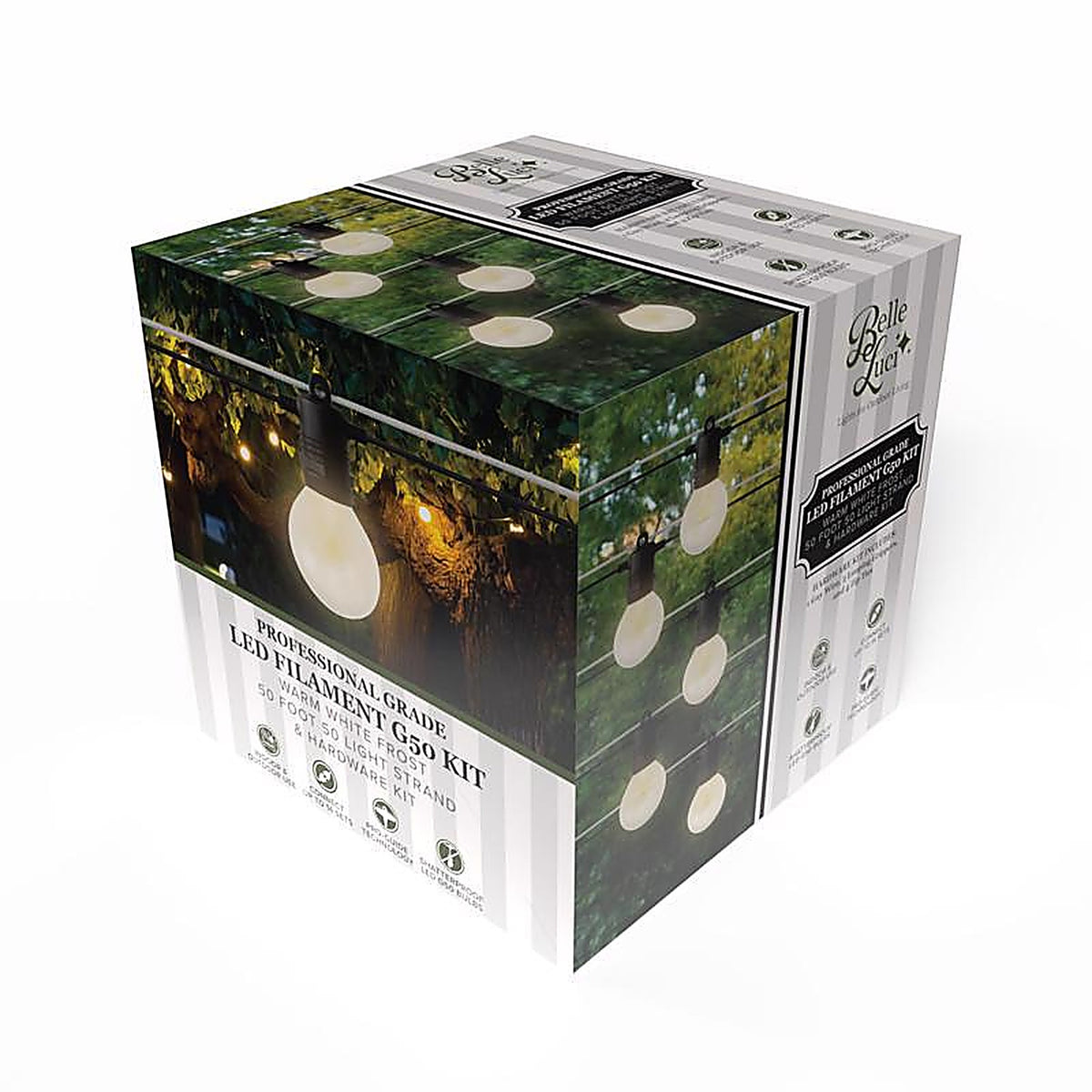 Belle Luci - BLG50PGW50W - Holiday Bright Lights LED G50 Patio Light Set Warm White 50 Ft. 50 Lights