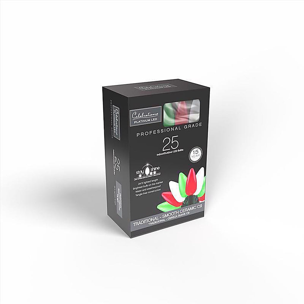 Celebrations - 11-06024A - Platinum LED C9 Red/Green/Pure White 25 CT String Christmas Lights 16 Ft.