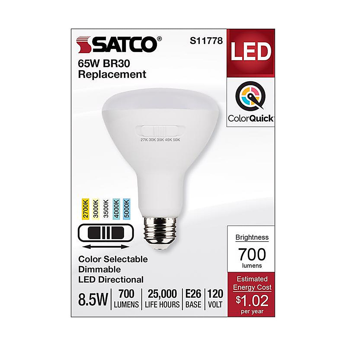 Satco - S11778 - Br30 E26 (Medium) LED Bulb Tunable White/Color Changing 65 Watt Equivalence 1 Pack