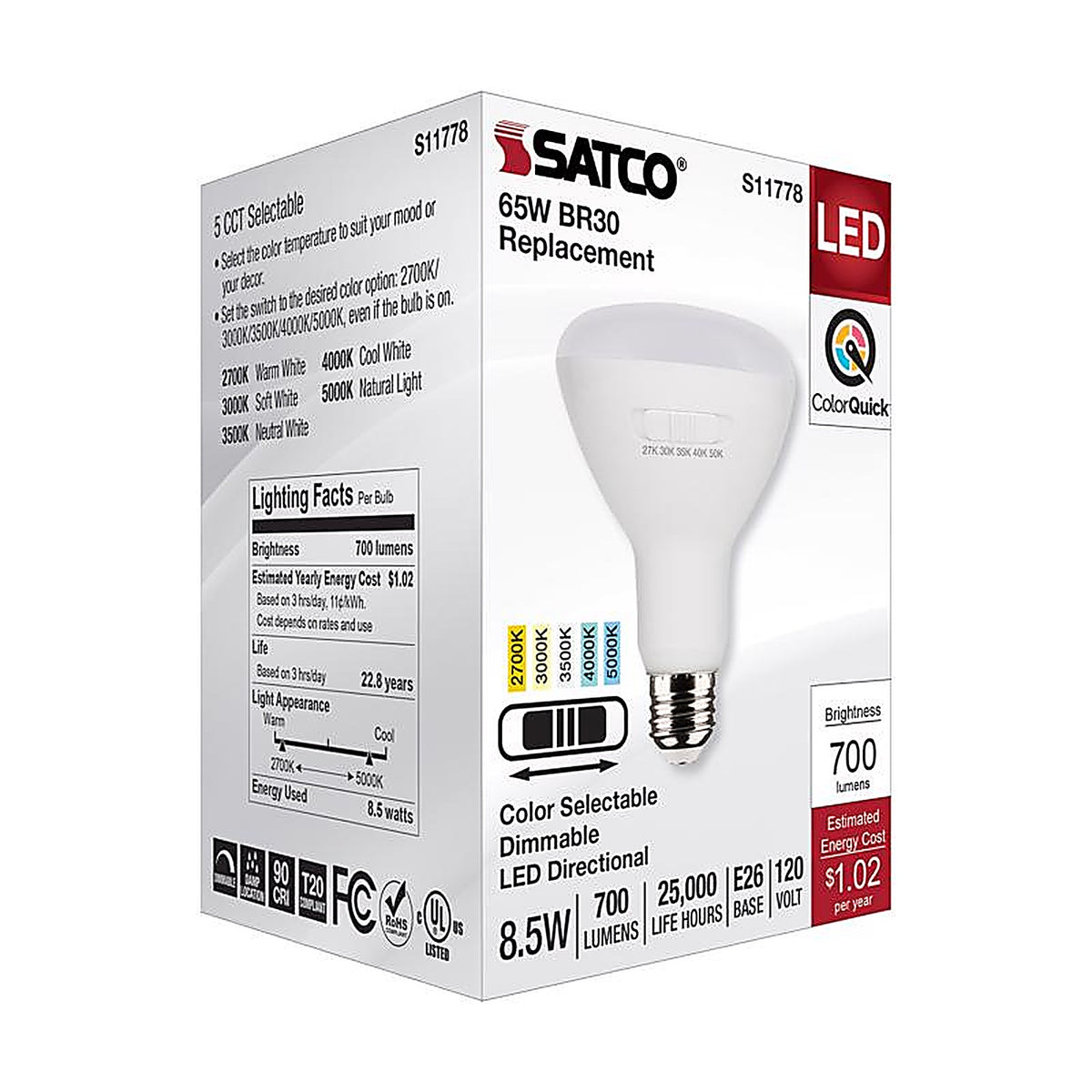 Satco - S11778 - Br30 E26 (Medium) LED Bulb Tunable White/Color Changing 65 Watt Equivalence 1 Pack