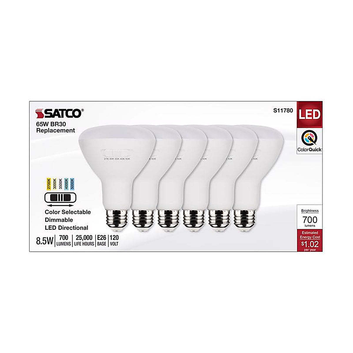 Satco - S11780 - Br30 E26 (Medium) LED Bulb Tunable White/Color Changing 65 Watt Equivalence 6 Pack