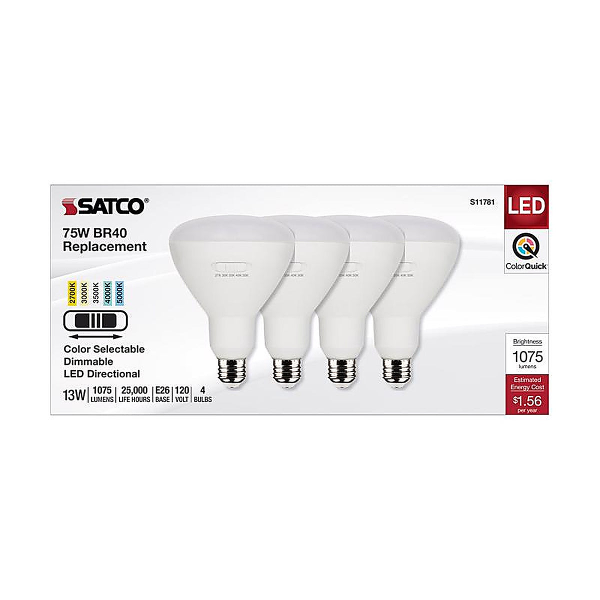 Satco - S11781 - Br40 E26 (Medium) LED Bulb Tunable White/Color Changing 75 Watt Equivalence 4 Pack