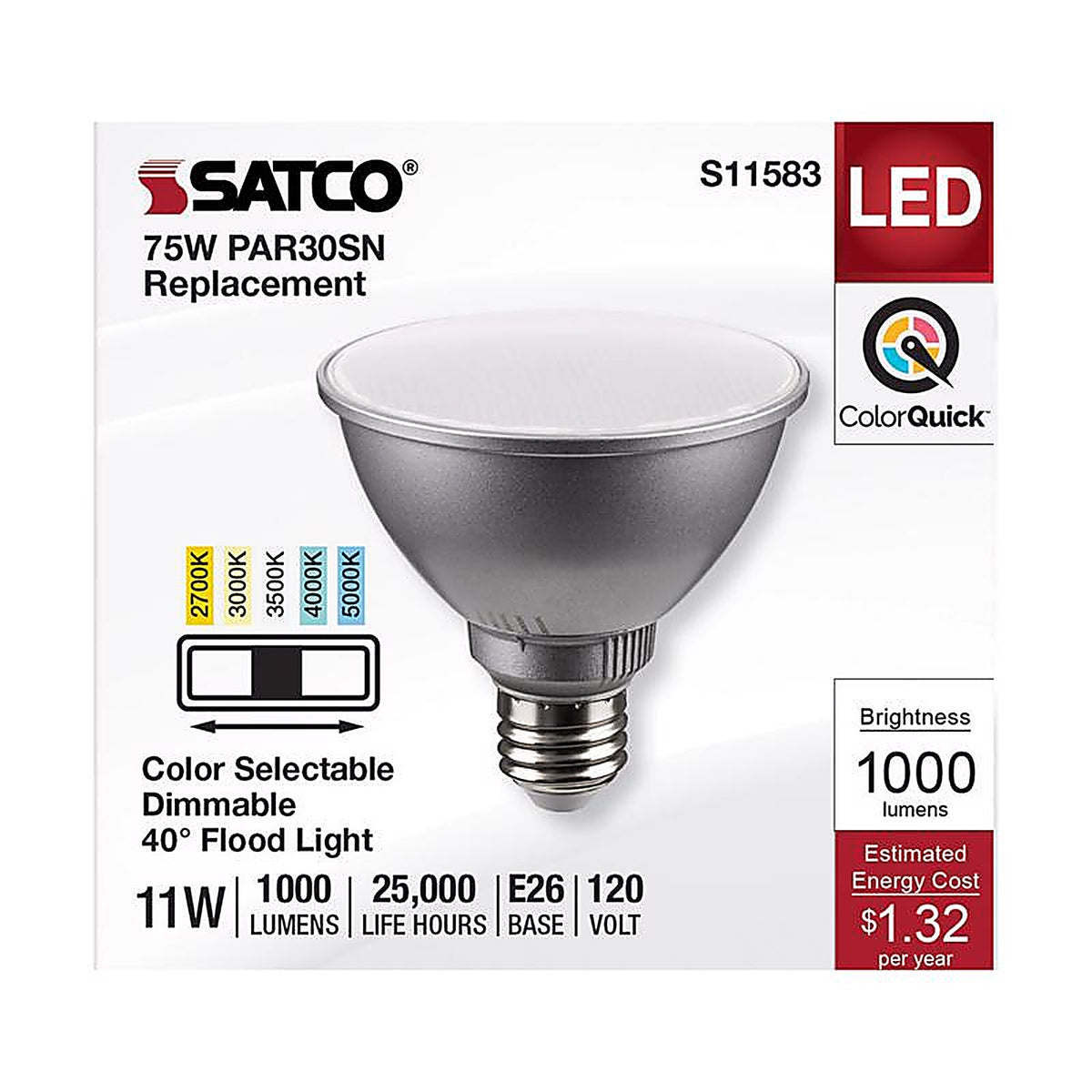 Satco - S11583 - Par30sn E26 (Medium) LED Bulb Tunable White/Color Changing 75 Watt Equivalence 1 Pack