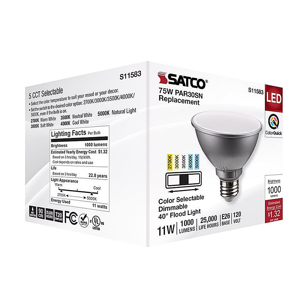 Satco - S11583 - Par30sn E26 (Medium) LED Bulb Tunable White/Color Changing 75 Watt Equivalence 1 Pack