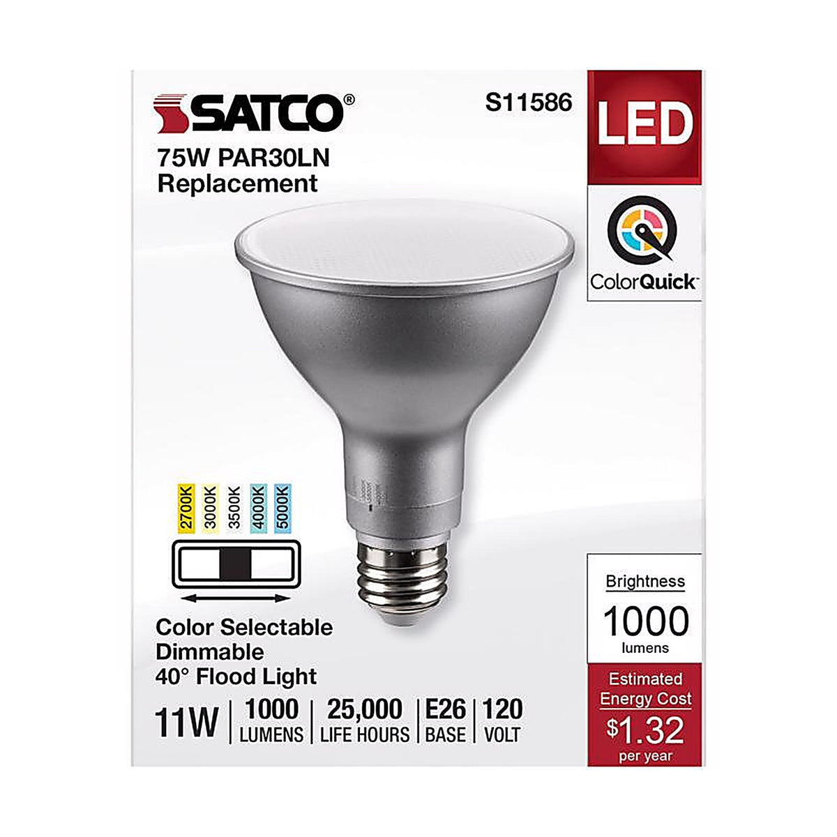 Satco - S11586 - Par30ln E26 (Medium) LED Bulb Tunable White/Color Changing 75 Watt Equivalence 1 Pack