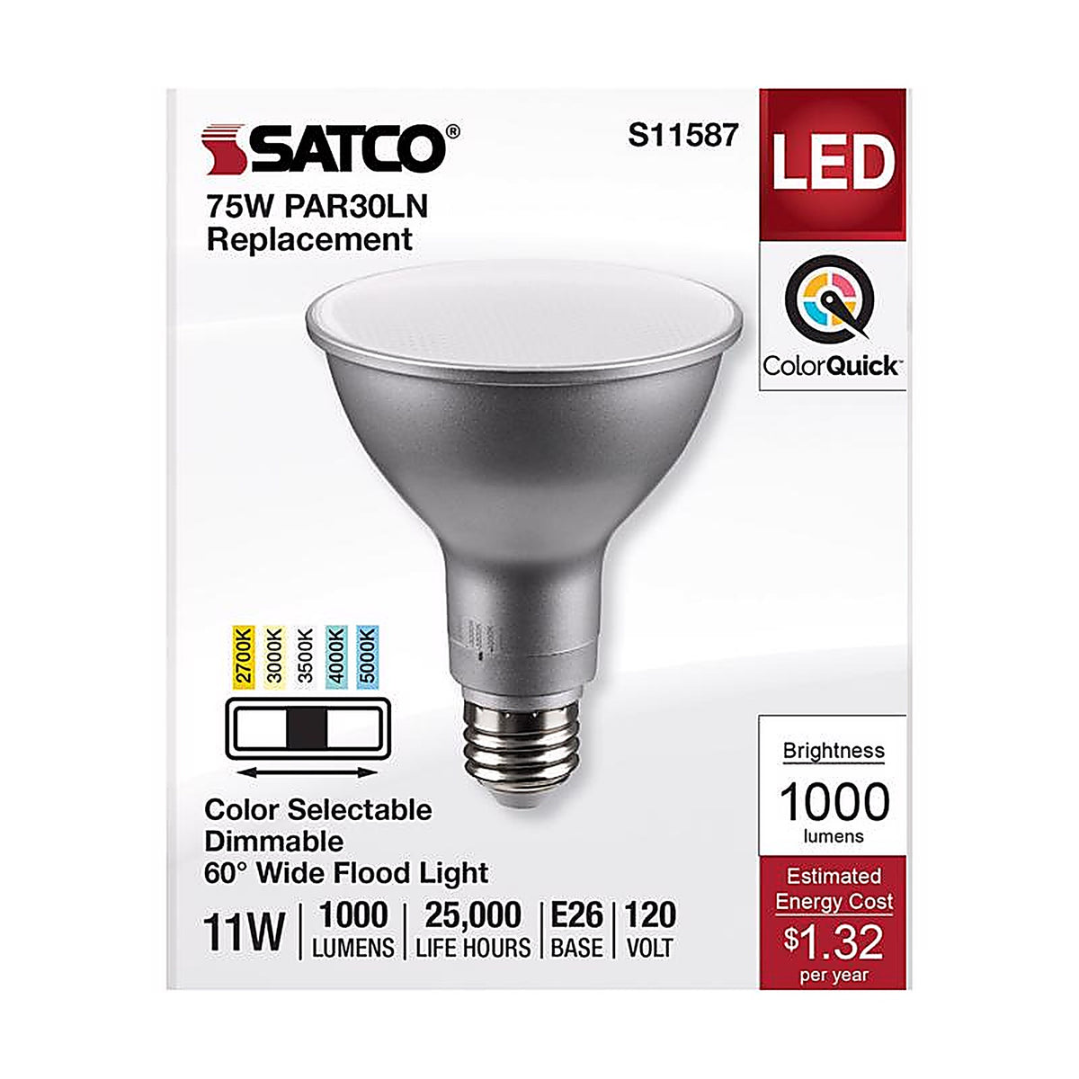 Satco - S11587 - Par30ln E26 (Medium) LED Bulb Tunable White/Color Changing 75 Watt Equivalence 1 Pack