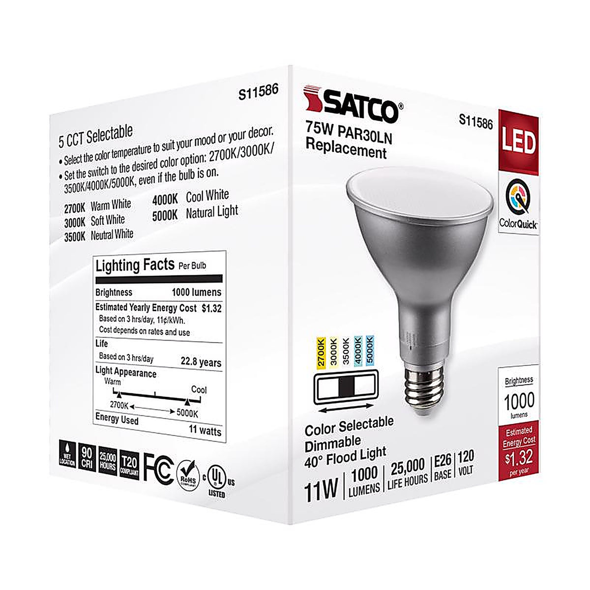 Satco - S11587 - Par30ln E26 (Medium) LED Bulb Tunable White/Color Changing 75 Watt Equivalence 1 Pack