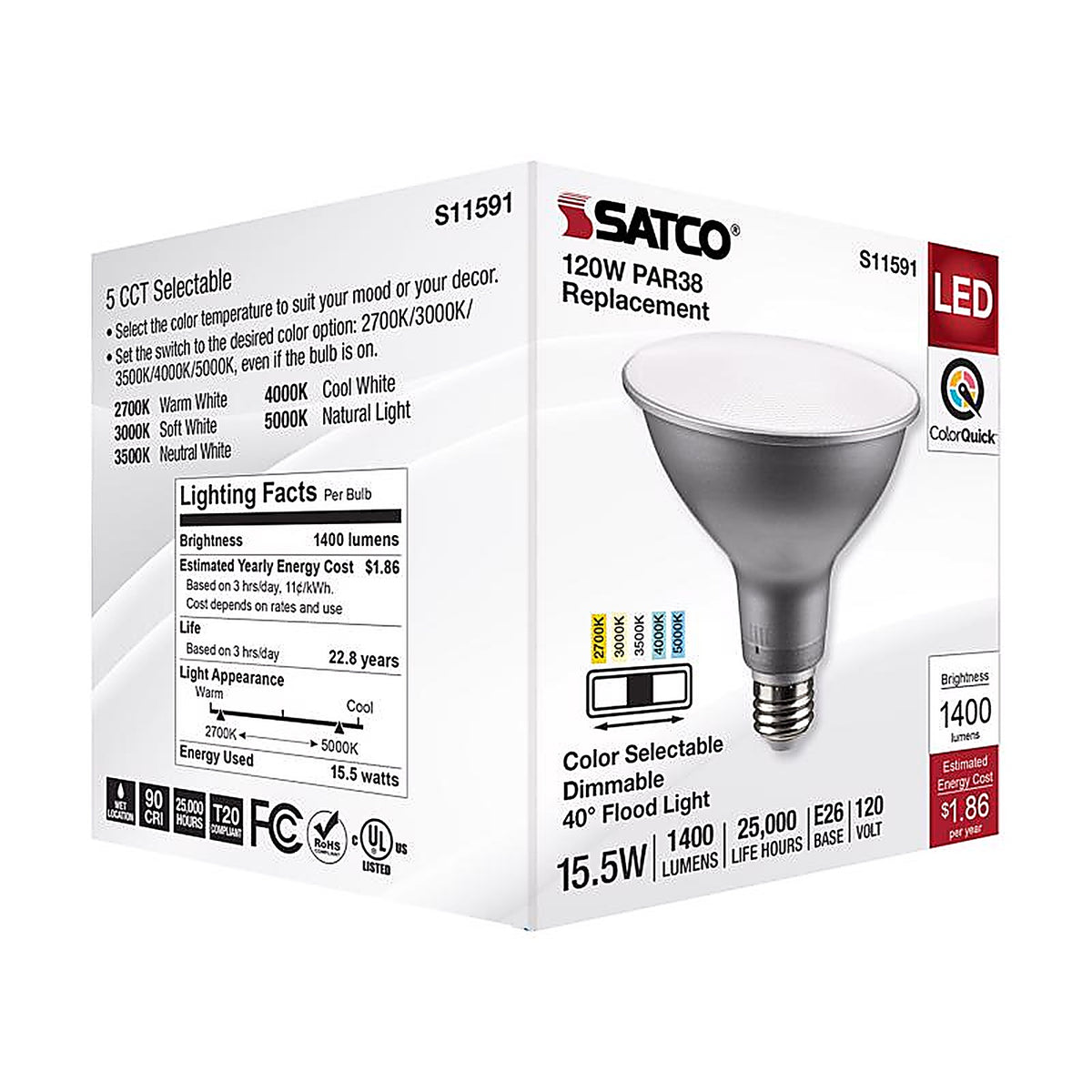 Satco - S11591 - Par38 E26 (Medium) LED Bulb Tunable White/Color Changing 120 Watt Equivalence 1 Pack
