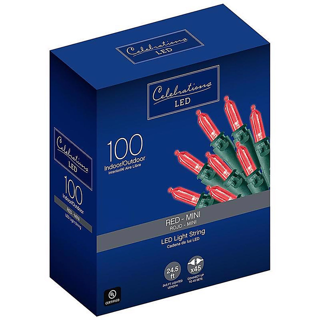 Celebrations 40843-71 LED Mini Red 100 count String Christmas Lights 24.75 ft.